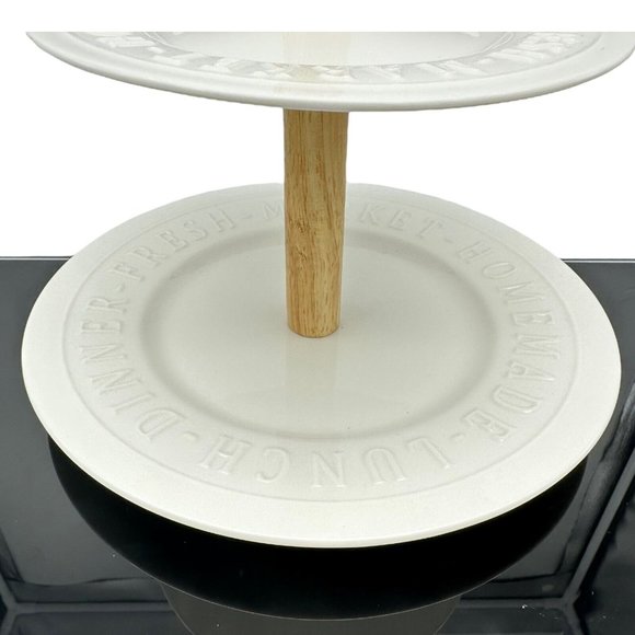 2 Tier Serving Tray White Porcelain Wood Bread and Butter Australia Farmhouse - Picture 4 of 12